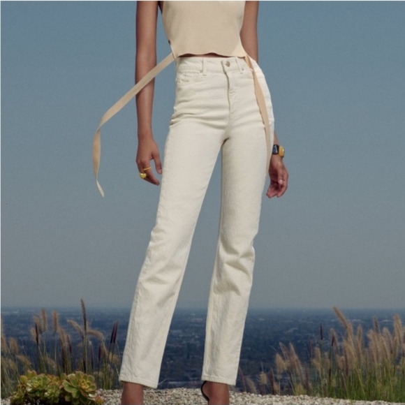 Zara Cream High-rise Jeans Slit Hem Size 6 Stretch Cotton Straight - Picture 1 of 11